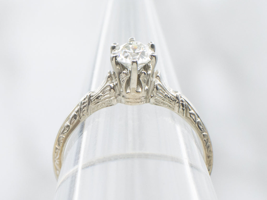 Antique 1920s Old European Cut Diamond Engraved Engagement Ring