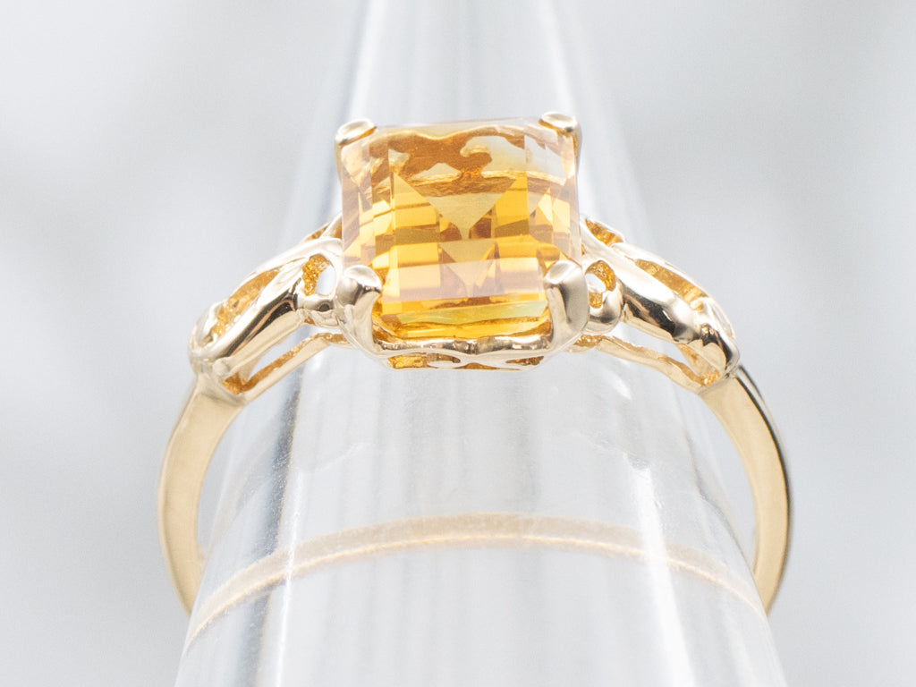 Vintage Gold Emerald-Cut Citrine Solitaire Ring