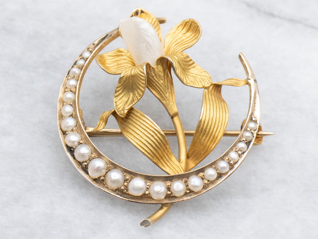 Art Nouveau Seed Pearl Crescent Floral Pin