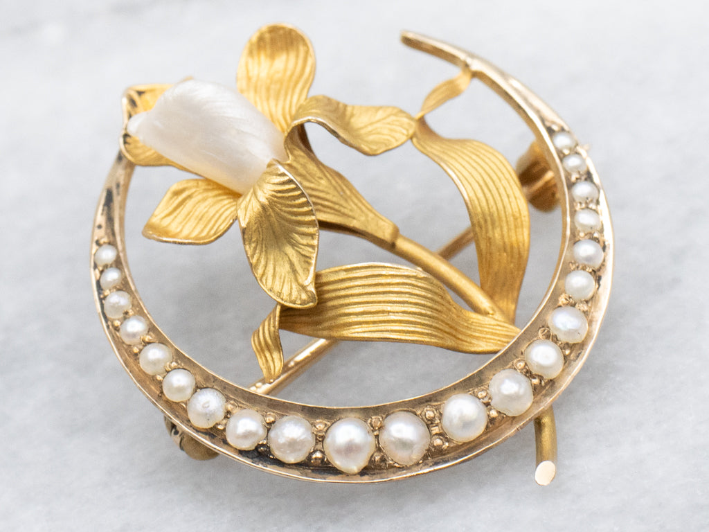 Art Nouveau Seed Pearl Crescent Floral Pin