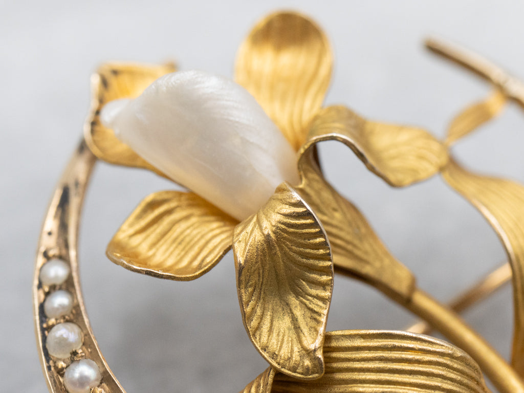 Art Nouveau Seed Pearl Crescent Floral Pin