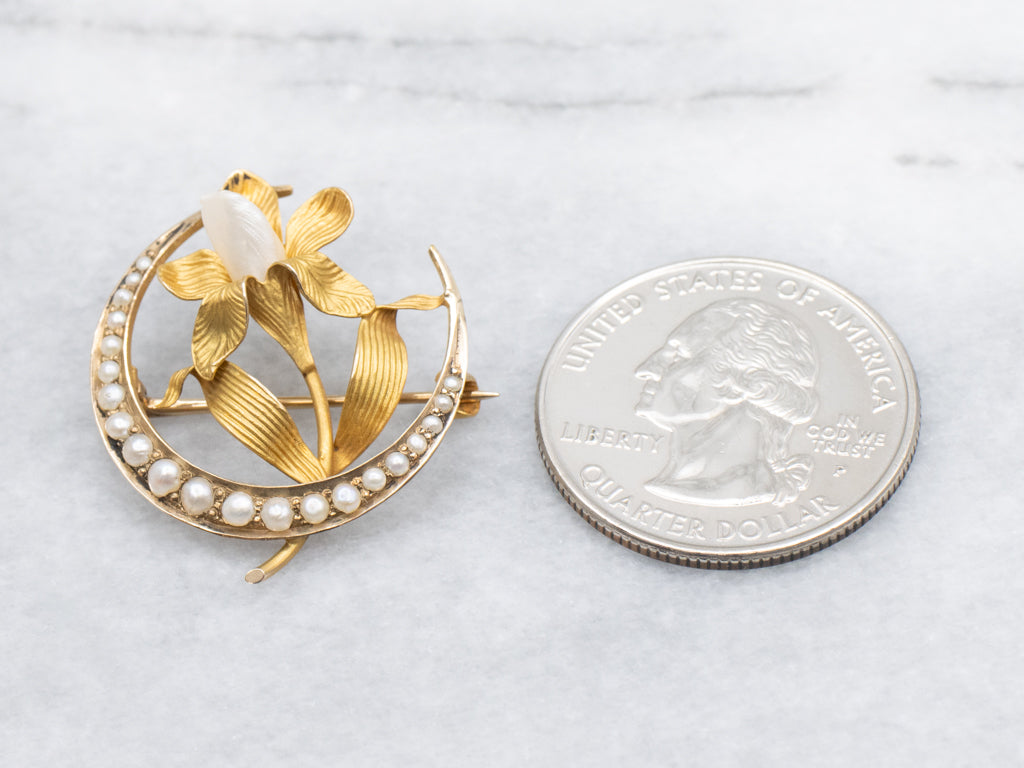 Art Nouveau Seed Pearl Crescent Floral Pin