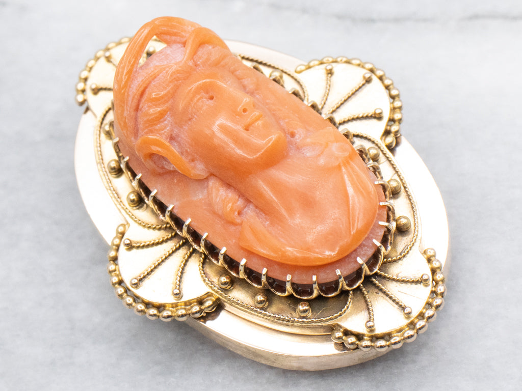 Antique Etruscan Revival Coral Cameo Gold Brooch or Pendant