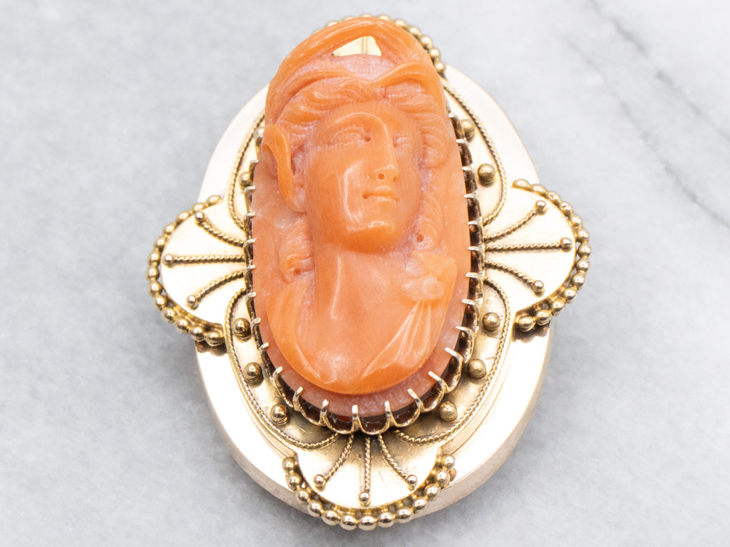 Antique Etruscan Revival Coral Cameo Gold Brooch or Pendant
