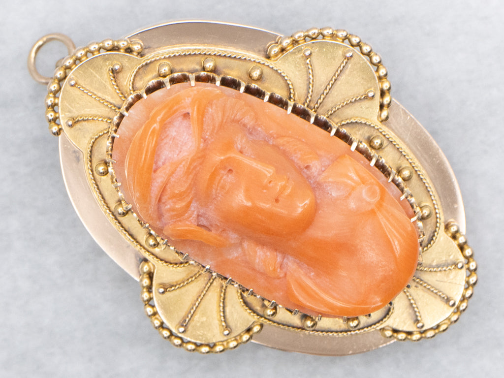 Antique Etruscan Revival Coral Cameo Gold Brooch or Pendant