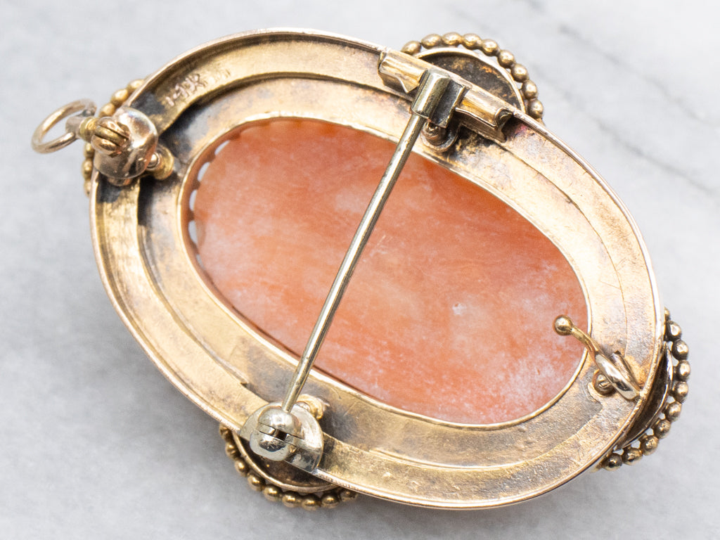 Antique Etruscan Revival Coral Cameo Gold Brooch or Pendant