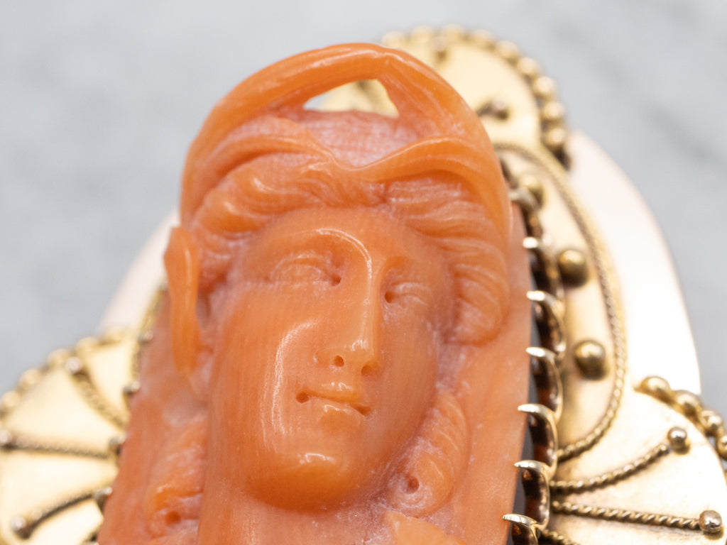 Antique Etruscan Revival Coral Cameo Gold Brooch or Pendant