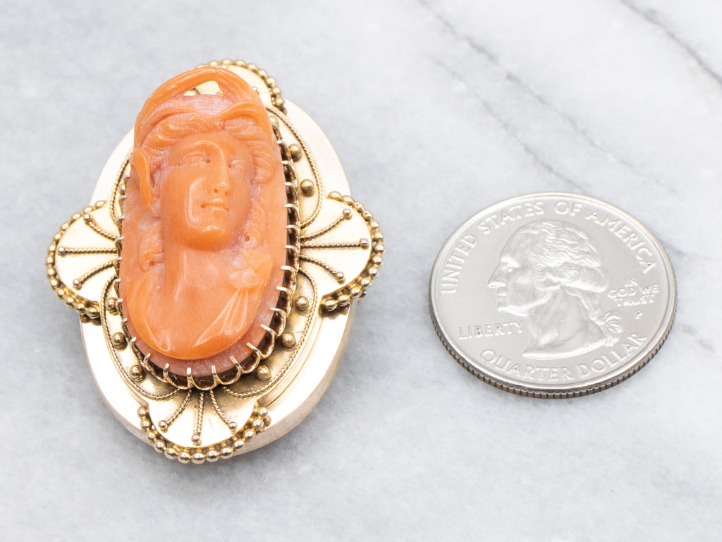 Antique Etruscan Revival Coral Cameo Gold Brooch or Pendant