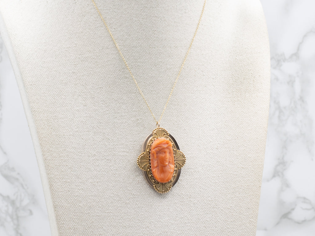 Antique Etruscan Revival Coral Cameo Gold Brooch or Pendant
