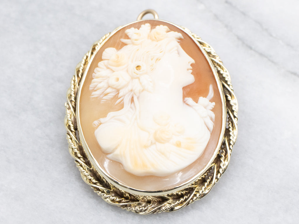 Vintage Gold Cameo Brooch or Pendant with Rope Frame