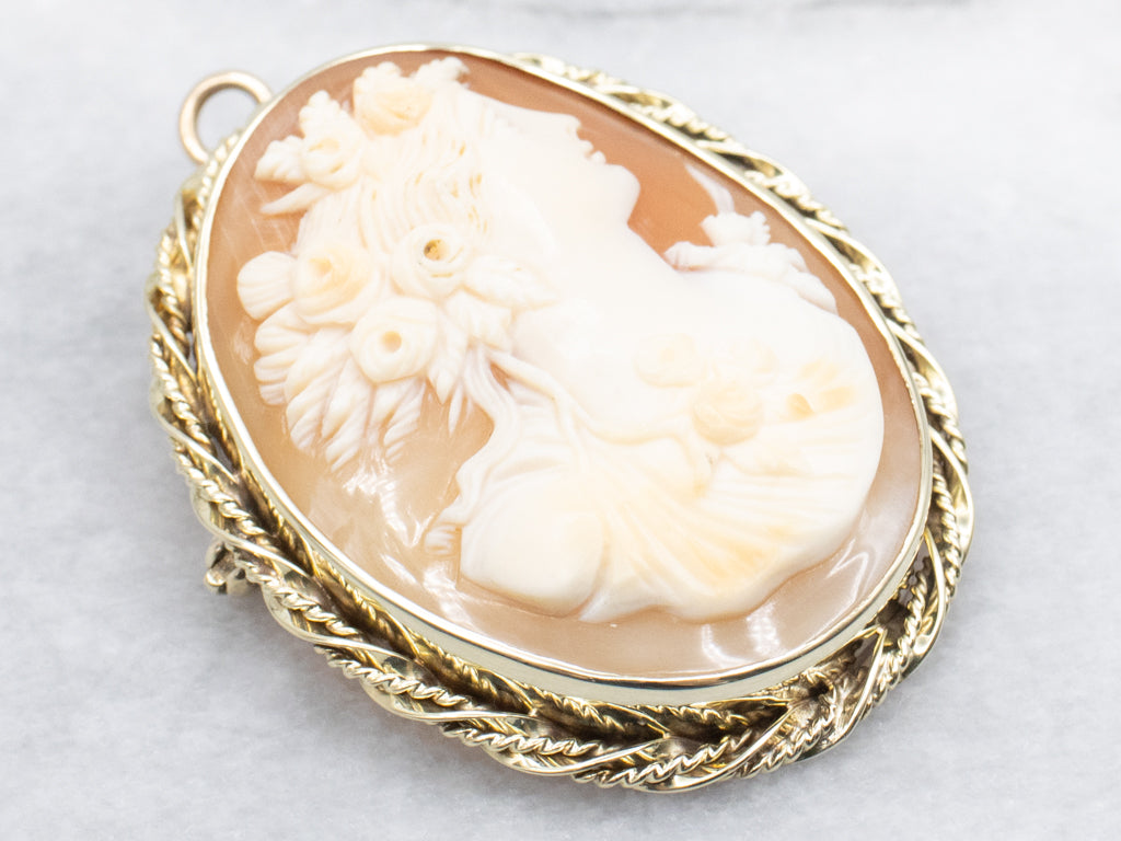 Vintage Gold Cameo Brooch or Pendant with Rope Frame