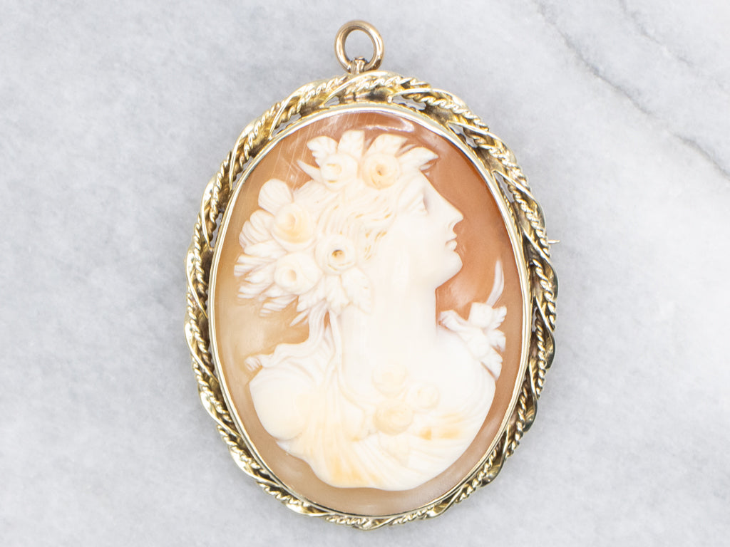 Vintage Gold Cameo Brooch or Pendant with Rope Frame