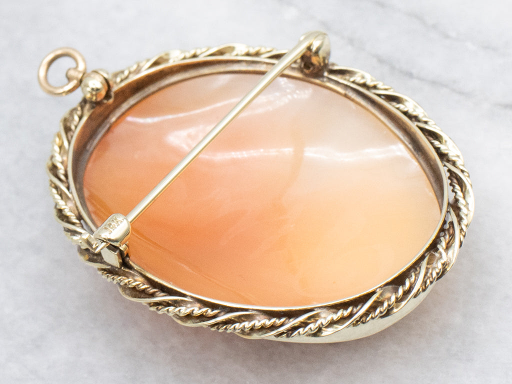 Vintage Gold Cameo Brooch or Pendant with Rope Frame