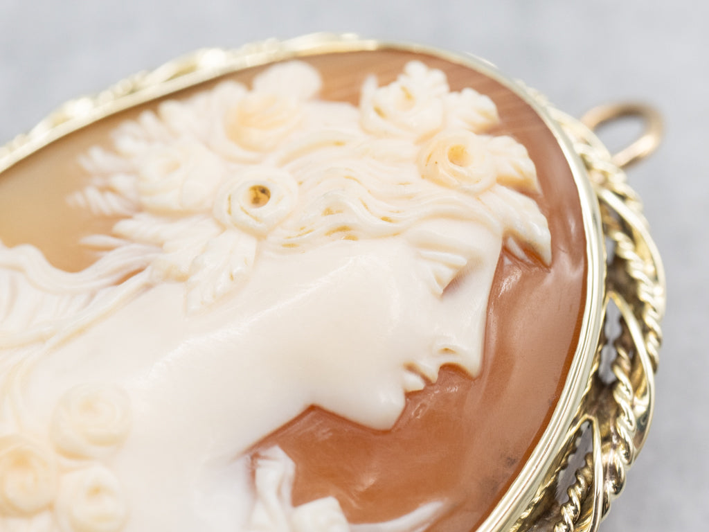 Vintage Gold Cameo Brooch or Pendant with Rope Frame