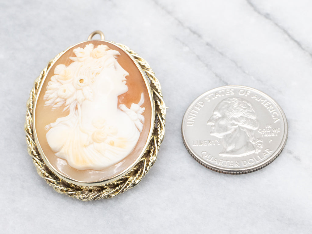 Vintage Gold Cameo Brooch or Pendant with Rope Frame