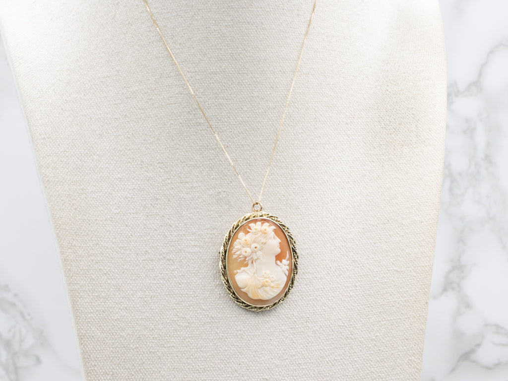 Vintage Gold Cameo Brooch or Pendant with Rope Frame