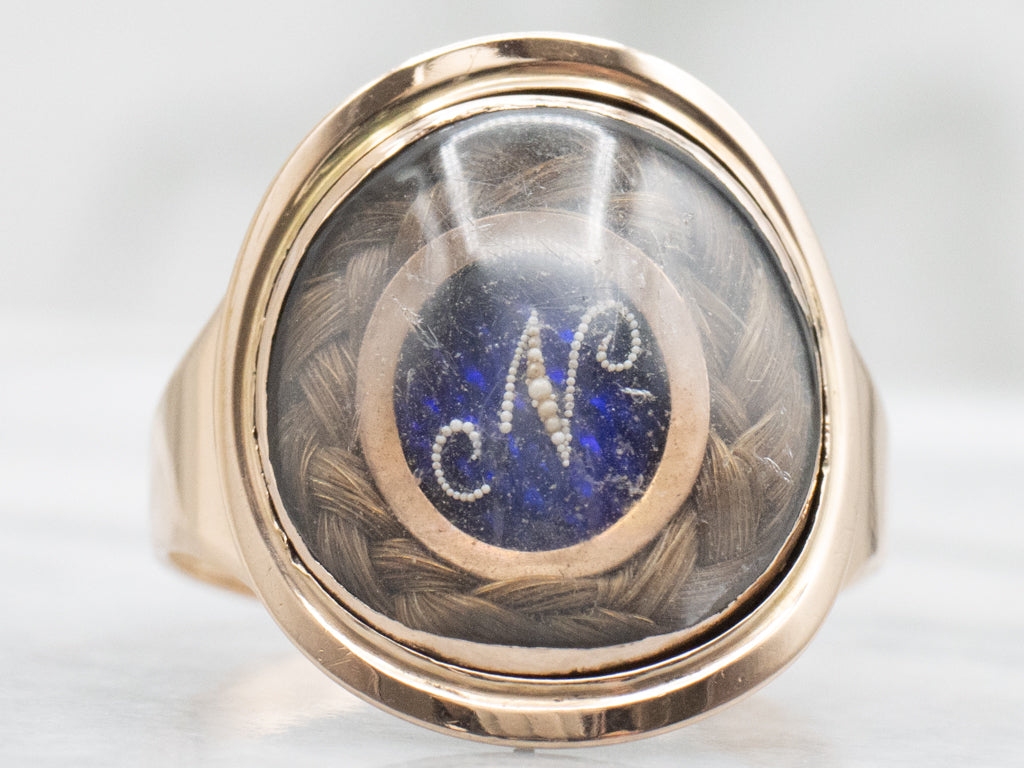 Georgian-Era Initial "N" Enamel and Hair Mourning Ring