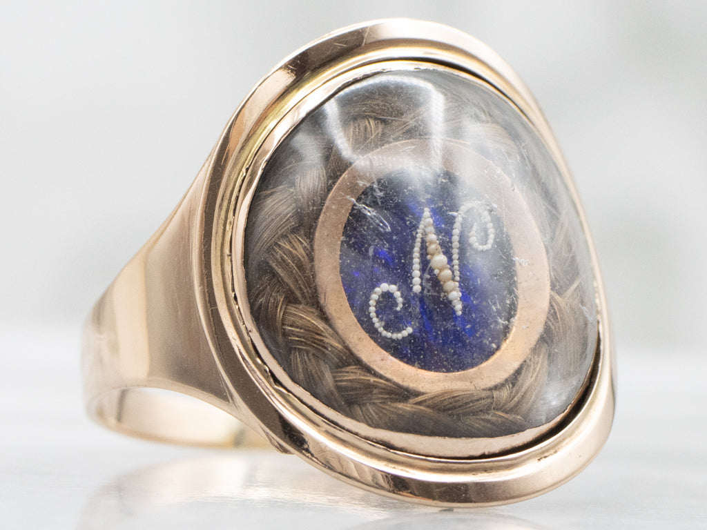 Georgian-Era Initial "N" Enamel and Hair Mourning Ring