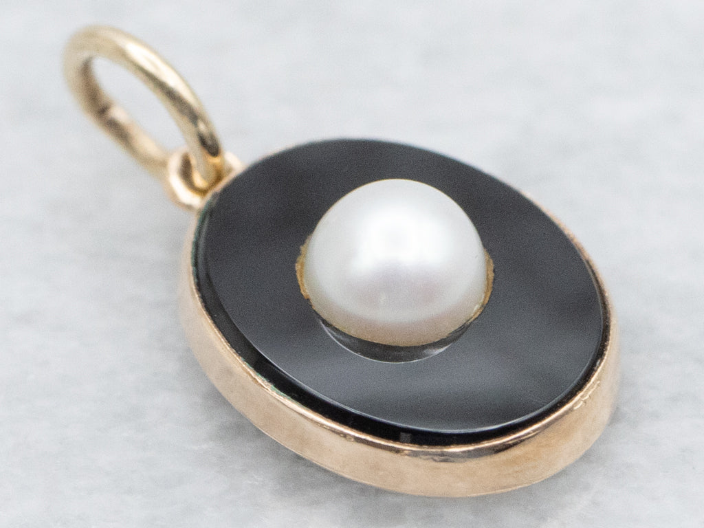 Yellow Gold Black Onyx Pendant with Pearl Center