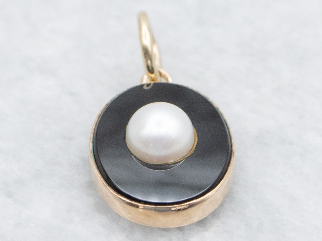 Yellow Gold Black Onyx Pendant with Pearl Center