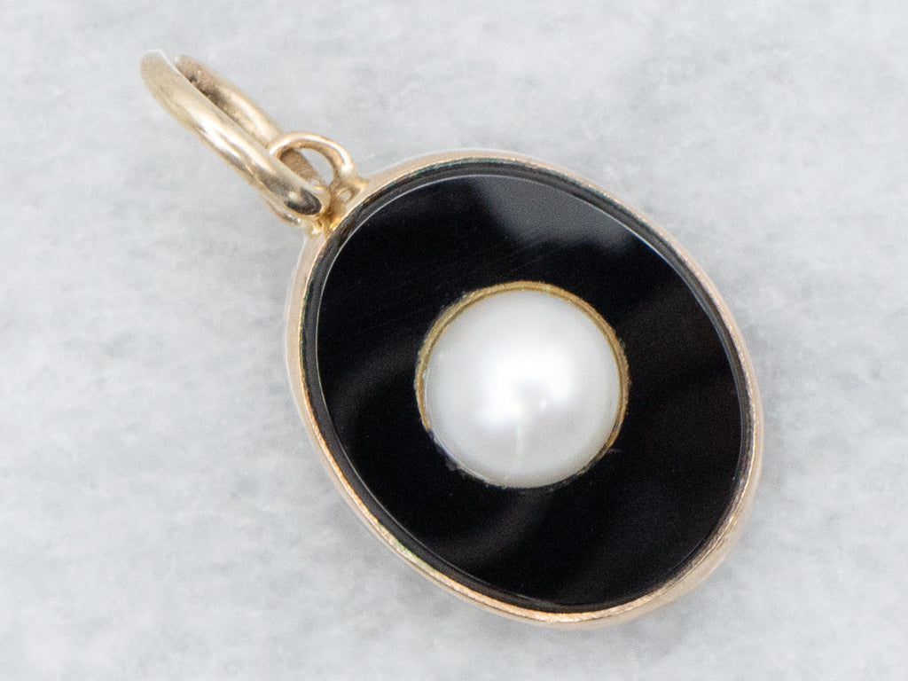 Yellow Gold Black Onyx Pendant with Pearl Center