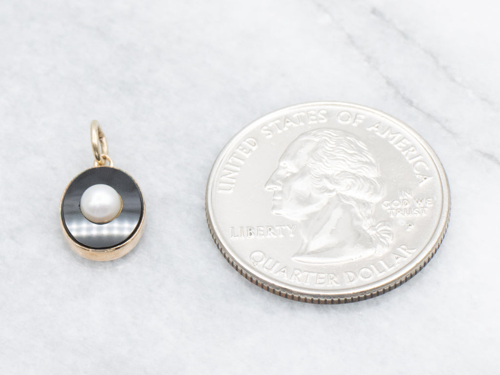 Yellow Gold Black Onyx Pendant with Pearl Center
