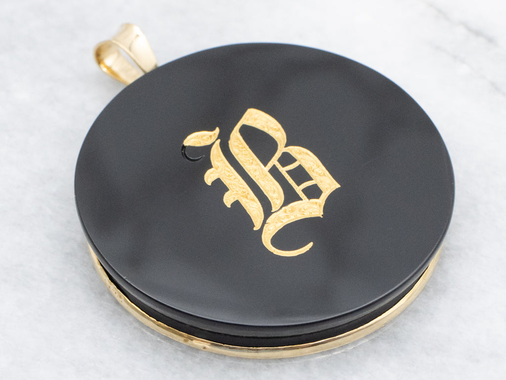 Antique Black Onyx and Yellow Gold Initial "B" Pendant