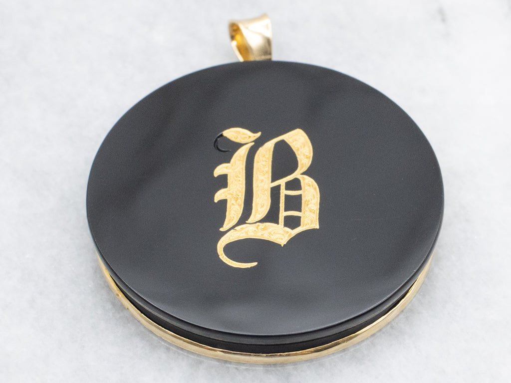 Antique Black Onyx and Yellow Gold Initial "B" Pendant