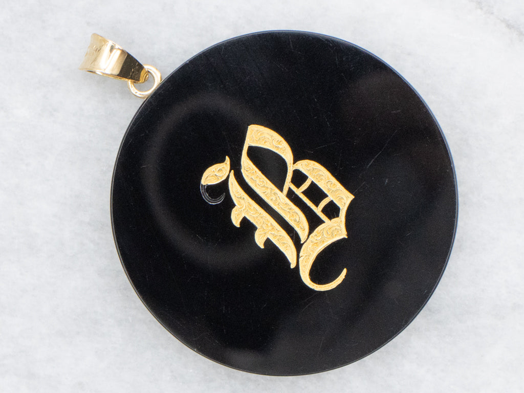 Antique Black Onyx and Yellow Gold Initial "B" Pendant