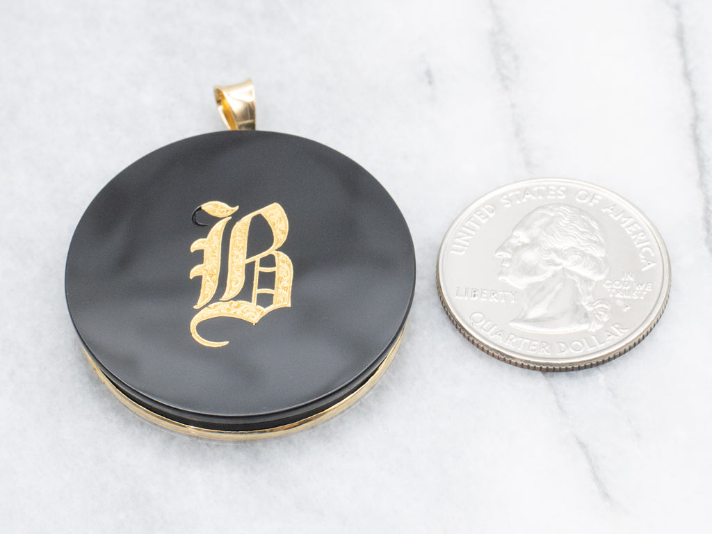 Antique Black Onyx and Yellow Gold Initial "B" Pendant