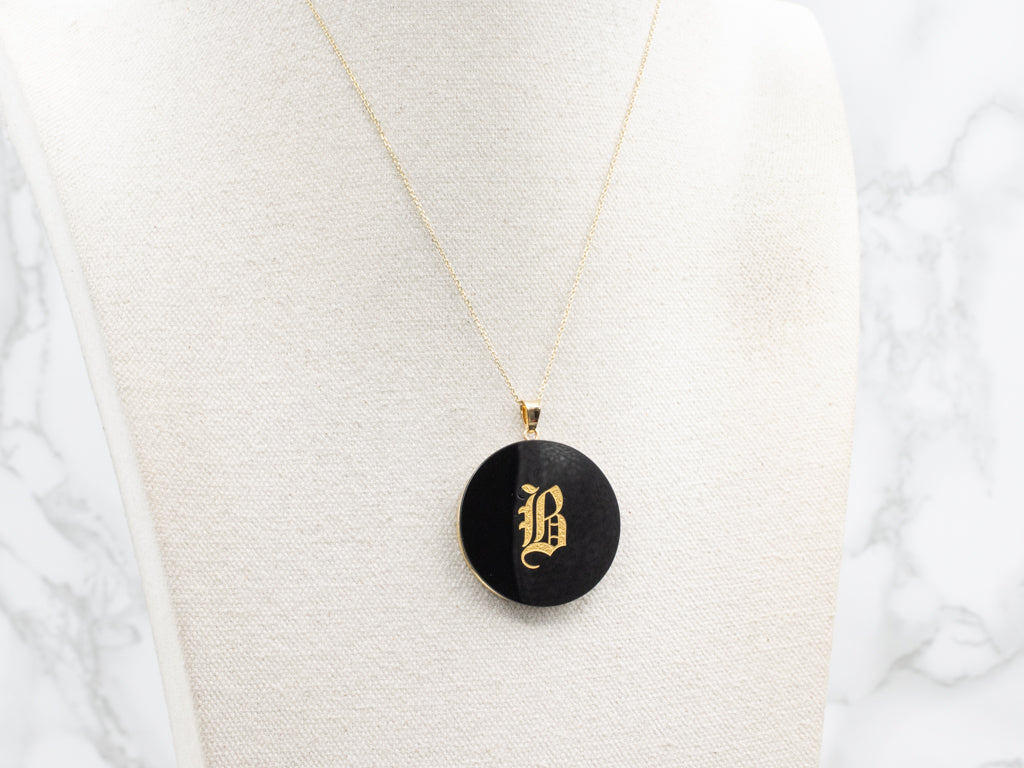 Antique Black Onyx and Yellow Gold Initial "B" Pendant