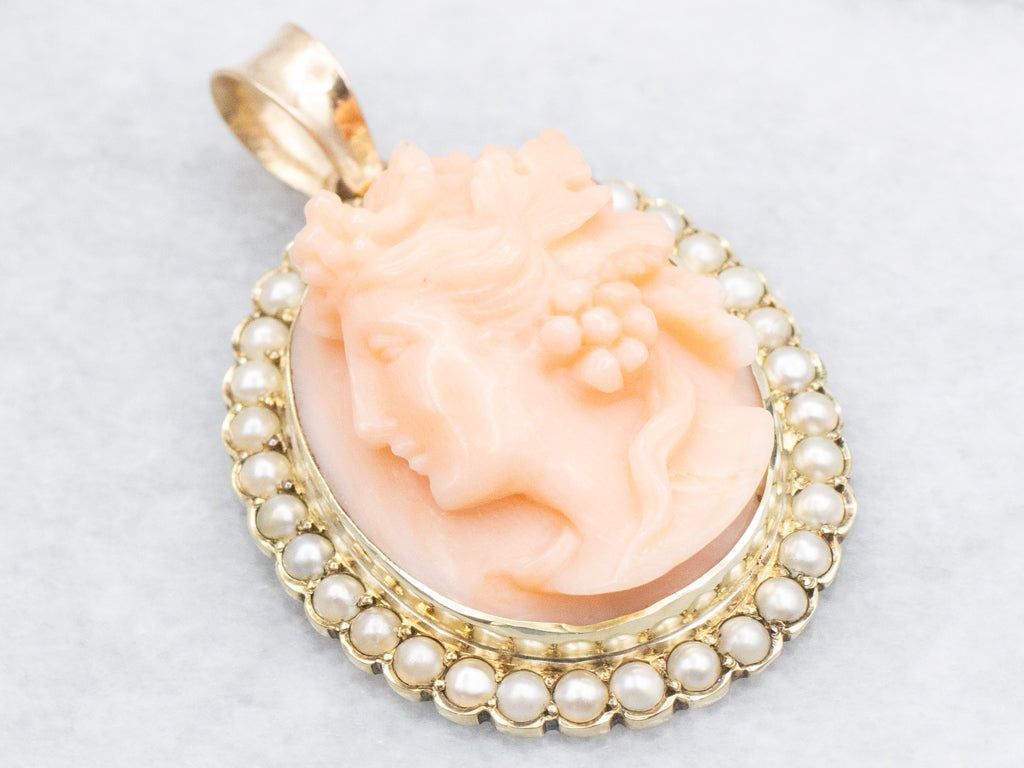 Antique Carved Angel Skin Coral Cameo and Pearl Gold Halo Pendant