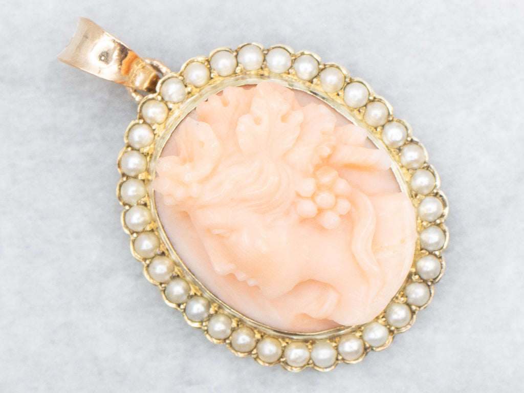 Antique Carved Angel Skin Coral Cameo and Pearl Gold Halo Pendant