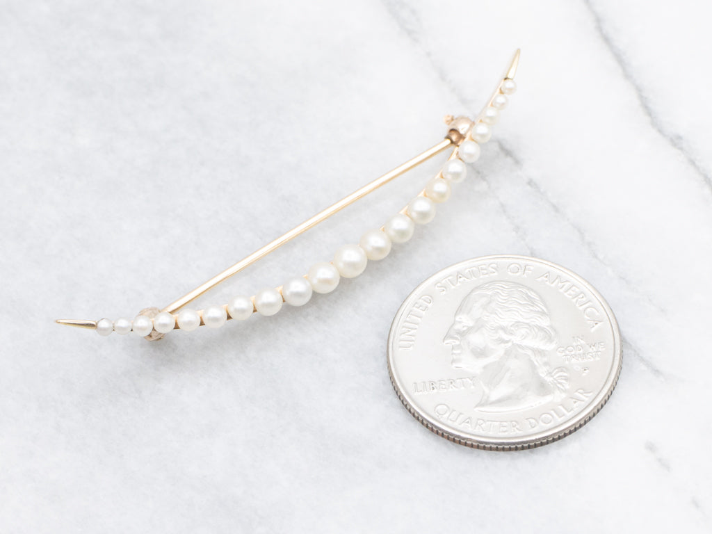 Vintage Gold and Pearl Crescent Moon Pin