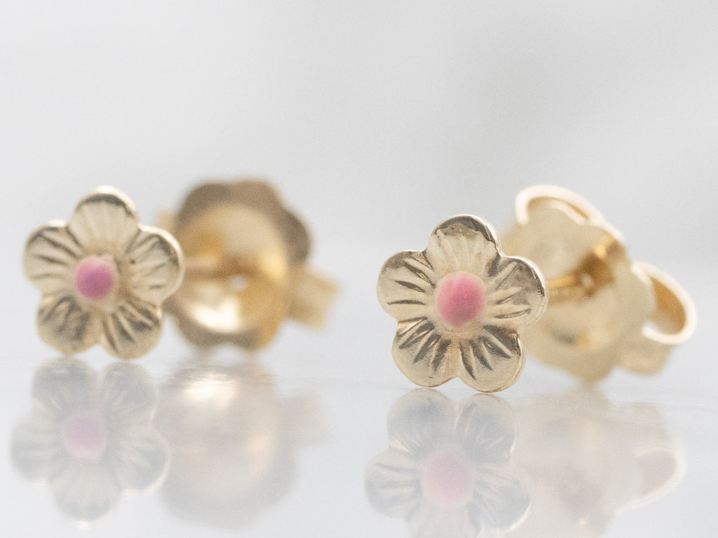 Mini Pink Enamel Gold Flower Stud Earrings