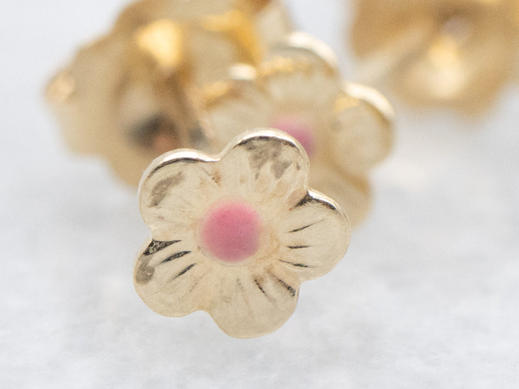 Mini Pink Enamel Gold Flower Stud Earrings