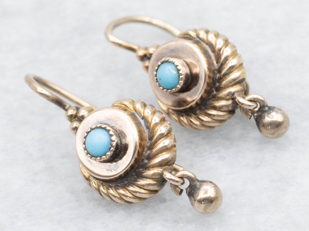 Antique Rose Gold Turquoise Cabochon Drop Earrings