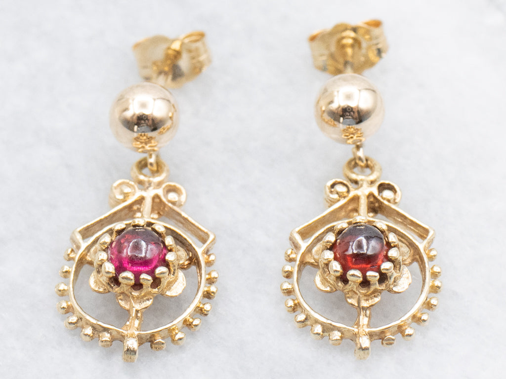 Garnet Cabochon Yellow Gold Drop Earrings