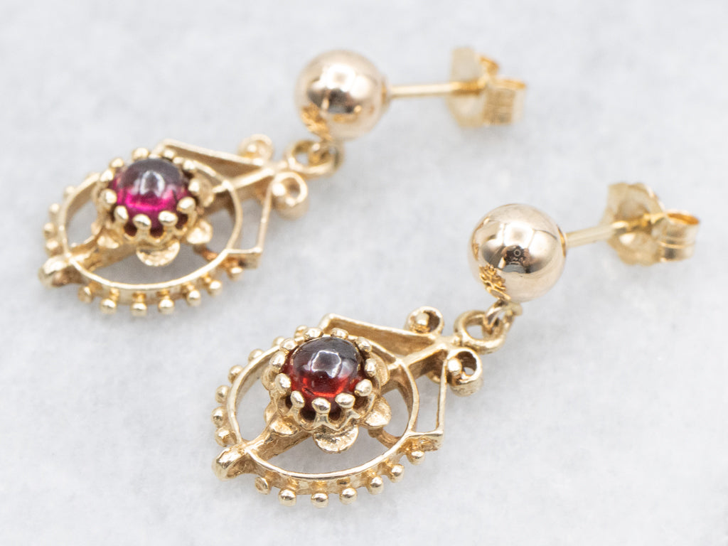 Garnet Cabochon Yellow Gold Drop Earrings