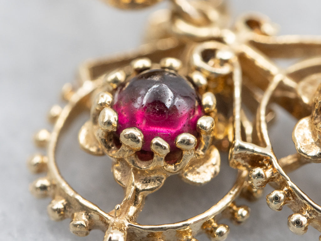 Garnet Cabochon Yellow Gold Drop Earrings