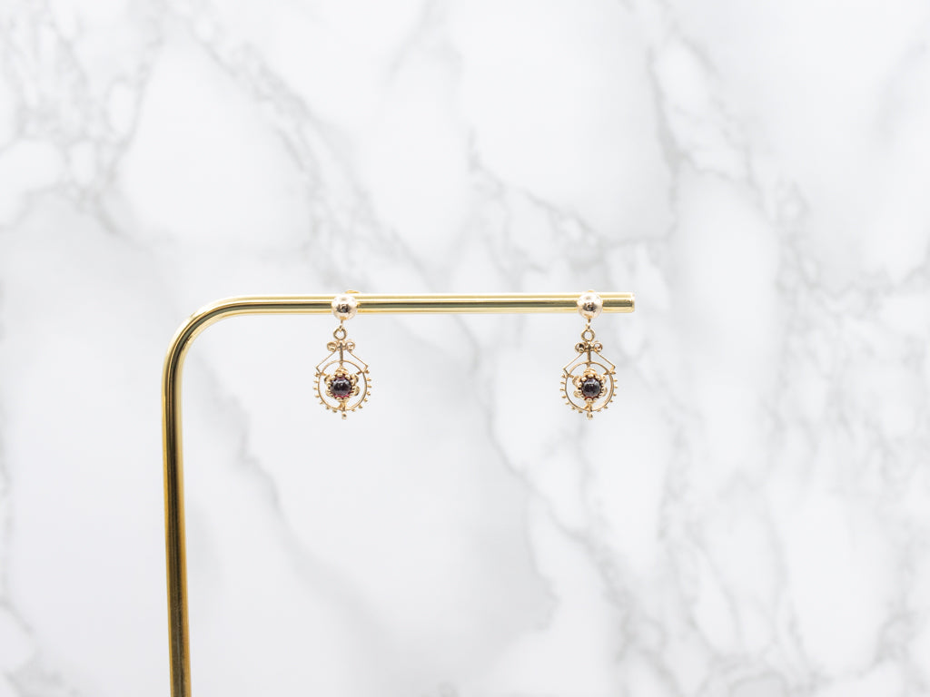 Garnet Cabochon Yellow Gold Drop Earrings