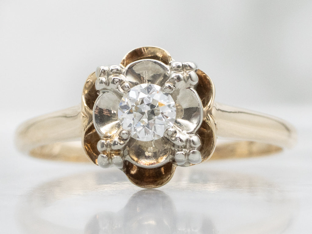 Vintage 1950s European Cut Diamond Buttercup-Set Engagement Ring