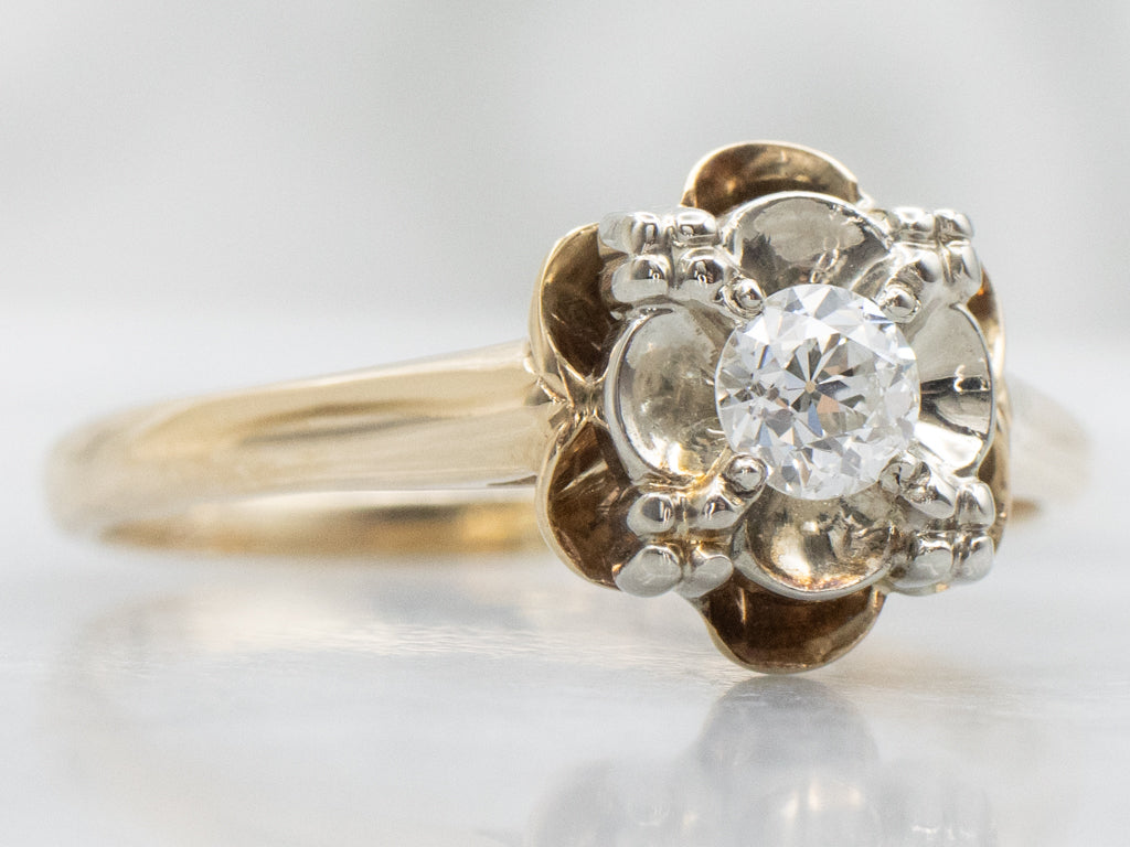 Vintage 1950s European Cut Diamond Buttercup-Set Engagement Ring