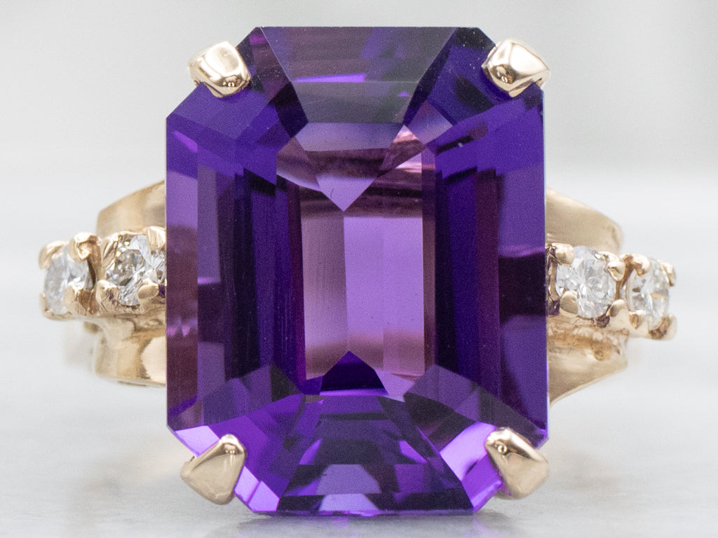 Vintage Gold Amethyst and Diamond Statement Ring