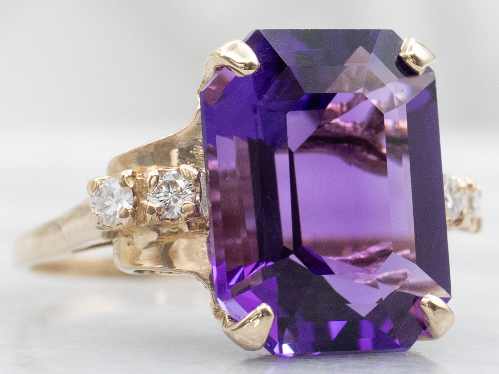 Vintage Gold Amethyst and Diamond Statement Ring