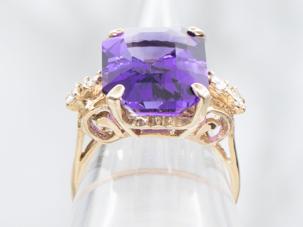Vintage Gold Amethyst and Diamond Statement Ring