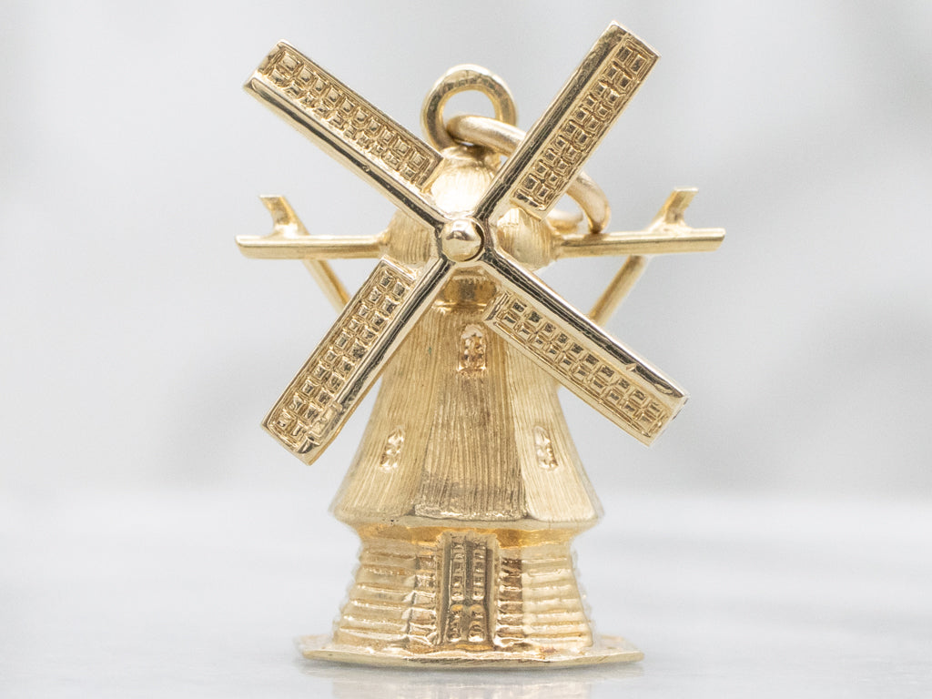 Vintage Gold Windmill Charm Pendant with Moving Parts