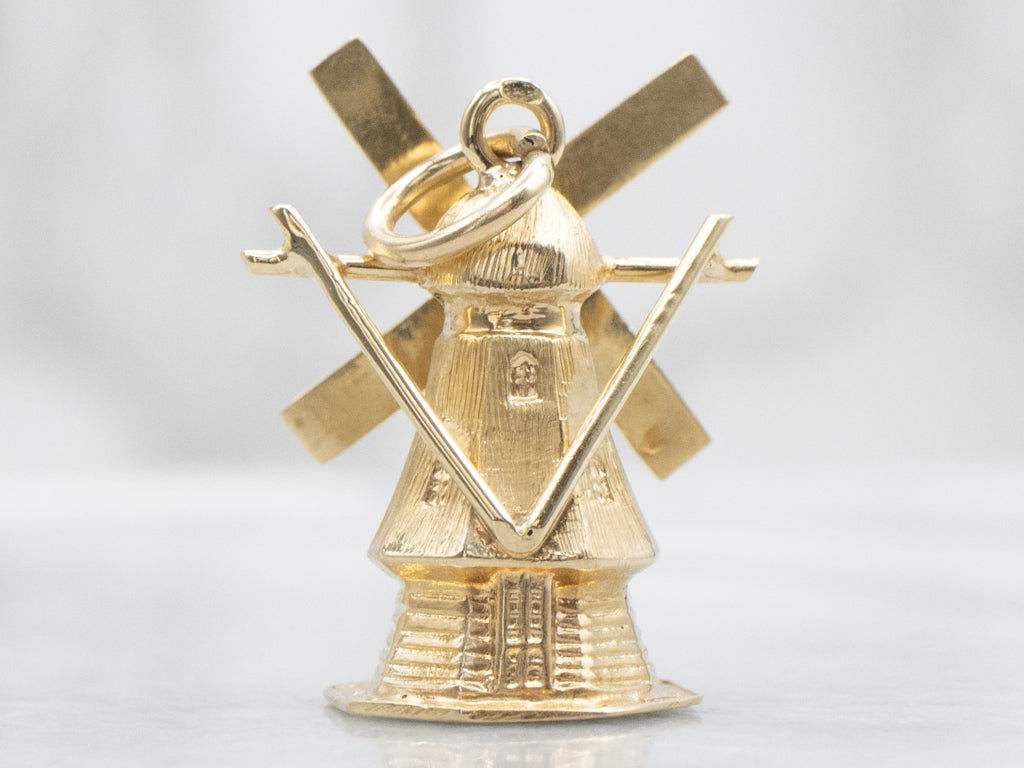 Vintage Gold Windmill Charm Pendant with Moving Parts