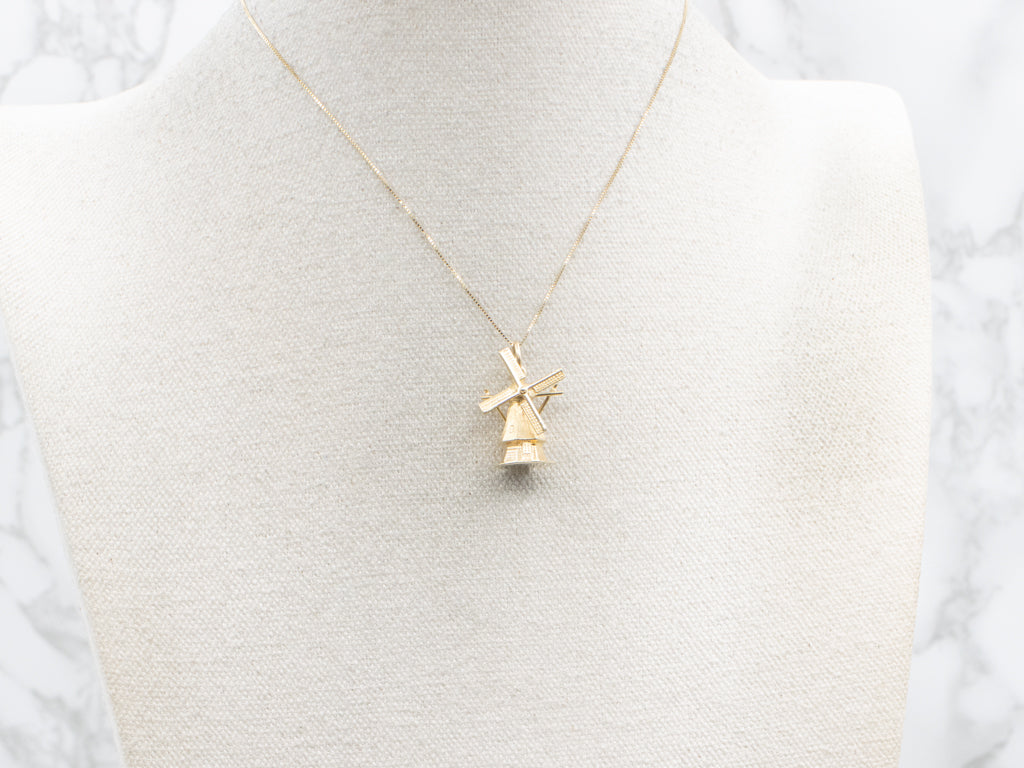 Vintage Gold Windmill Charm Pendant with Moving Parts