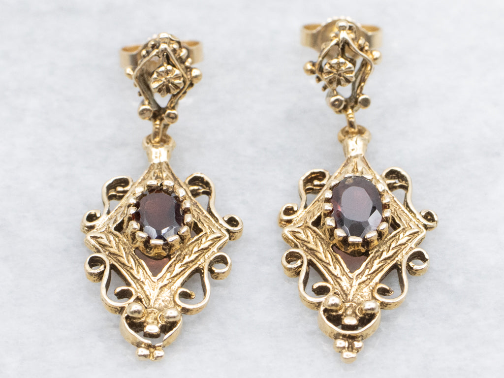 Ornate Gold and Garnet Gemstone Drop Earrings